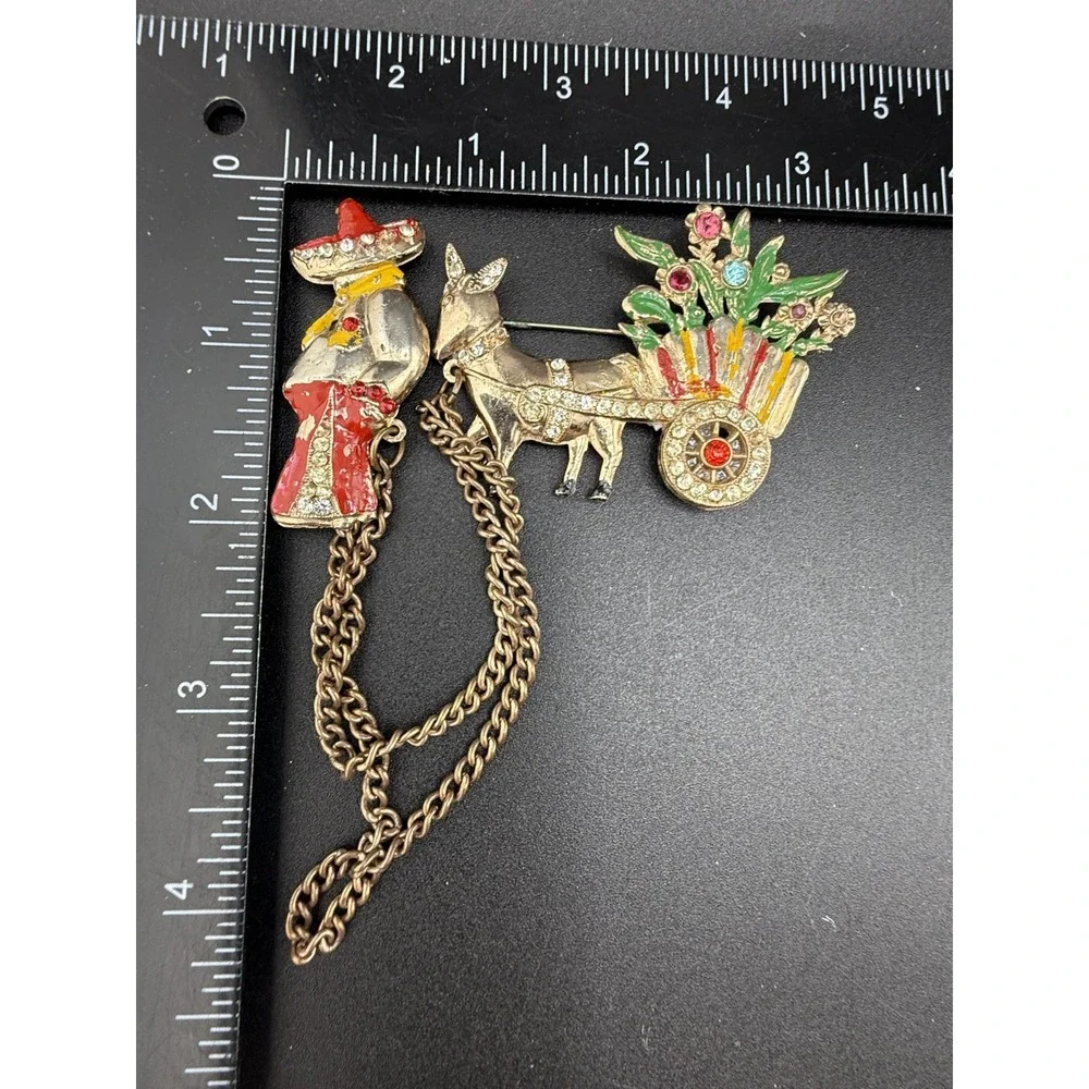 Vintage Chatelaine Style Brooch Figural Enamel Mexican Flower Gold Tone READ‎